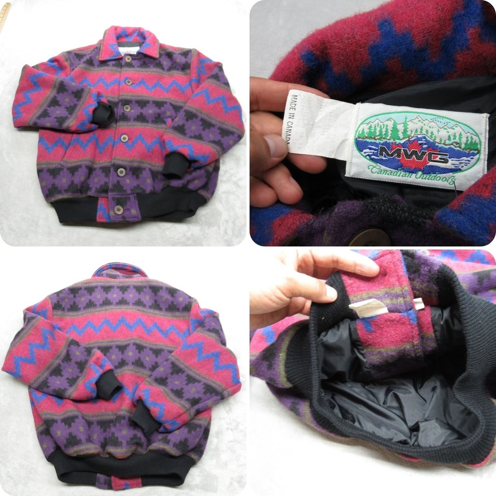 Vintage Aztec Jacket Mens Small Purple Button Pockets Wool‎ Blend VTG 80's RARE